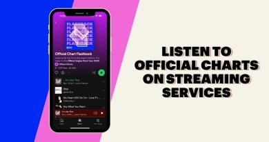 Picture of an Official Charts Flashback playlist on a smartphone over a blue, and pink coloured background with text reading "listen to official charts on streaming services"