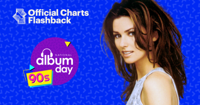 Shania Twain in 1999 pictured on a blue background alongside the national album day  and official chart flashback logos